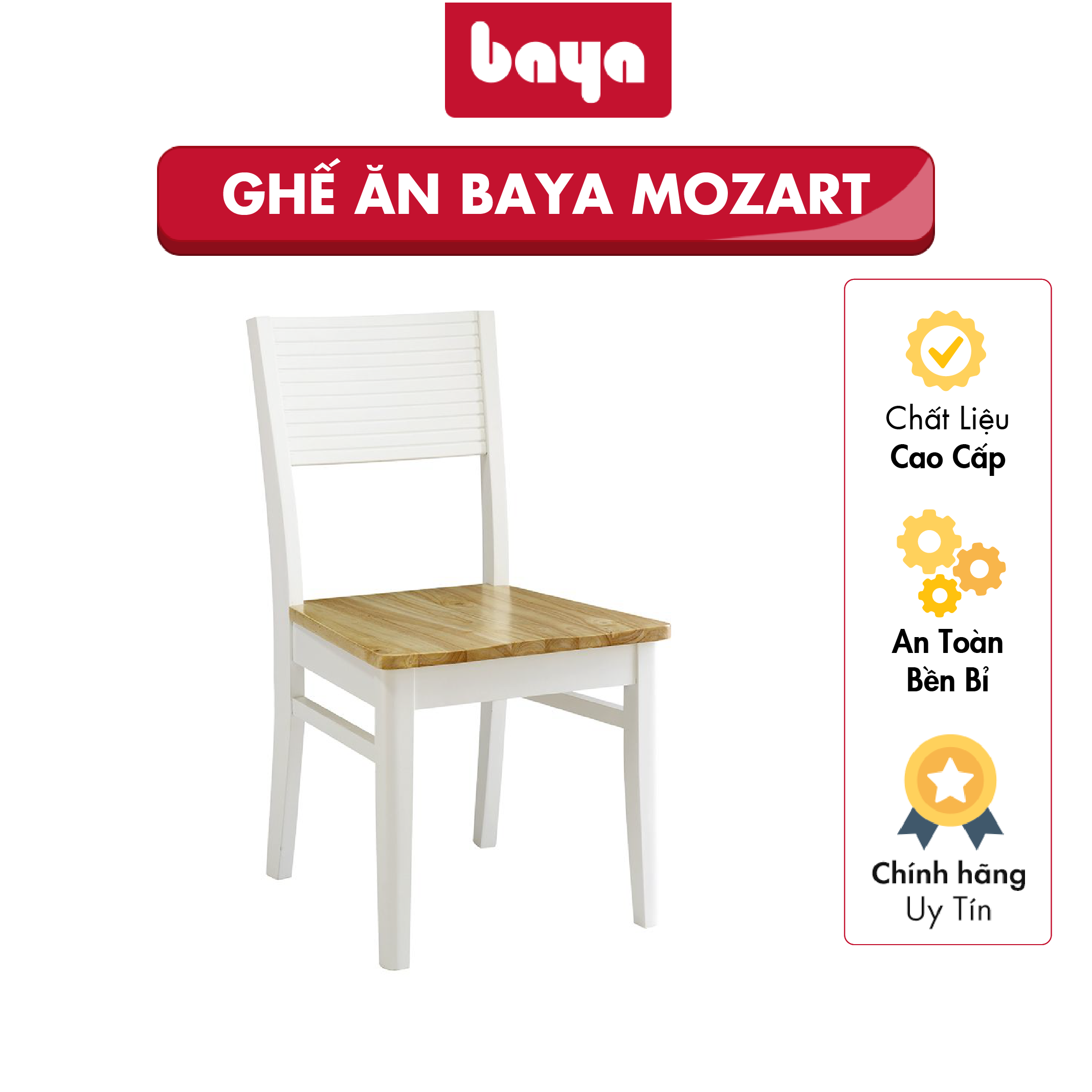 Ghế ăn gỗ baya mozart thiết kế nhỏ gọn mặt ghế gỗ cao su dẻo dai màu nâu nhạt có vân gỗ, lưng ghế bản to, thanh ghế vuông 1066746