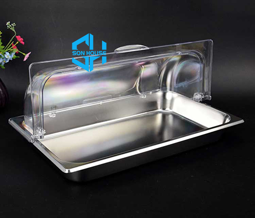 Khay inox 1/1 sâu 6.5cm có nắp đậy kín kiểu mái vòm mở 2 chiều đựng bảo quản thức ăn, trái cây