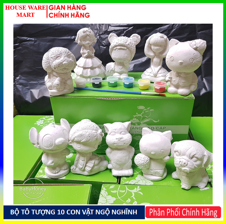 [ QUÀ TẶNG CHO BÉ ] Bộ Tô Tượng Thạch Cao 10 Hình Đầy đủ màu bút vẽ ,Đồ Chơi Cho Bé