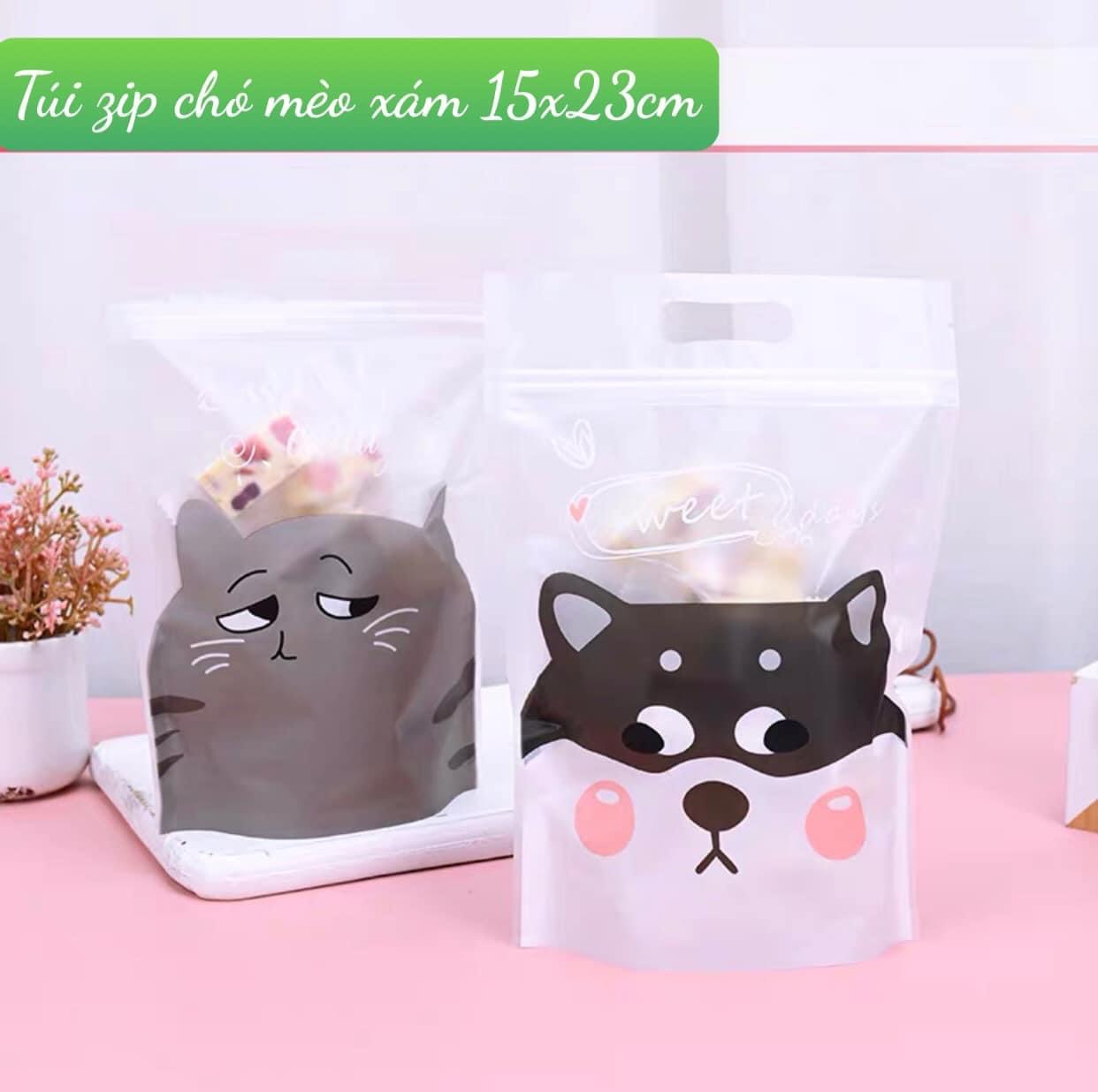 Túi zip đựng bánh 15x23cm mẫu chó mèo xám