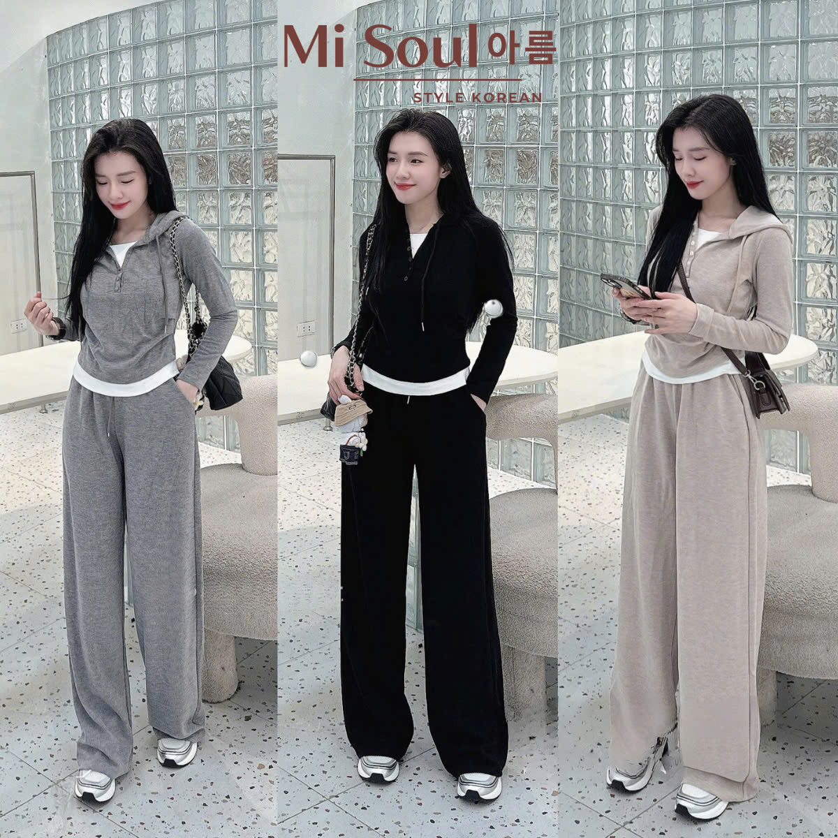 Set Bộ Dài Tay Nữ Len Lông Thỏ Có Mũ Cúc Cổ Phối Viền Trắng Nhún Eo Mix Quần Suông Dài BigSize MiSoul, Set Thu Đông 336