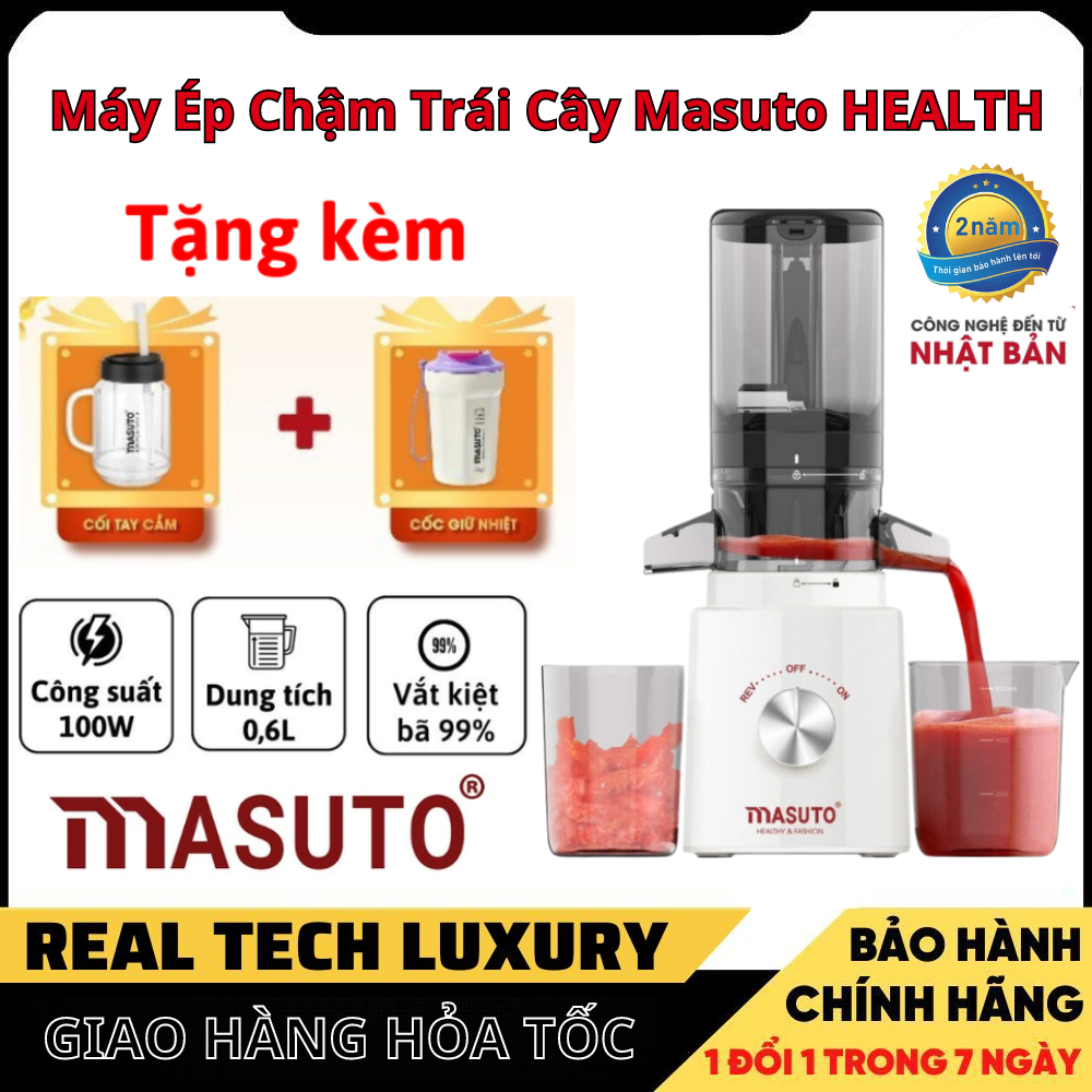  Máy ép chậm trái cây Masuto HEALTH miệng to công suất lớn 100W tách nước hoa quả kiệt bã đến 99% ép rau củ hoa quả - Máy ép trái cây mini đa năng dung tích 600ml Động cơ AC êm ái Hàng chính hãng - Bảo hành 24 tháng 