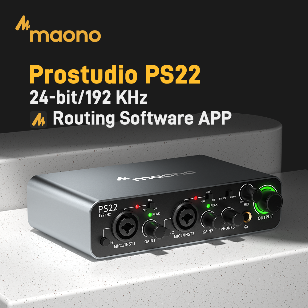 Maono ps22 giao diện âm thanh USB cho PC với 60 Db pro-preamp, 24bit/192kHz, giao diện Cổng USB kép cho PC và điện thoại thông minh, phần mềm định tuyến để ghi âm tại nhà, sản xuất nhạc, guitar, podcast, phát trực tuyến