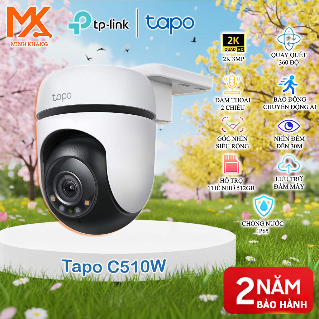 [Tapo Chính Hãng] Camera WiFi Ngoài Trời Tapo C510W 3MP 2K – Quay 360°, Theo Dõi Chuyển Động, Đàm Thoại 2 Chiều