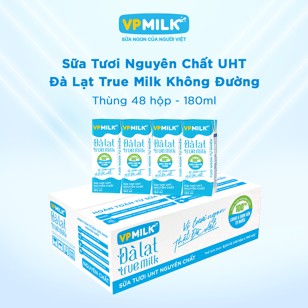 [Thùng 48 hộp 180ml] Sữa Tươi Nguyên Chất UHT Đà Lạt True Milk Không Đường VPMilk