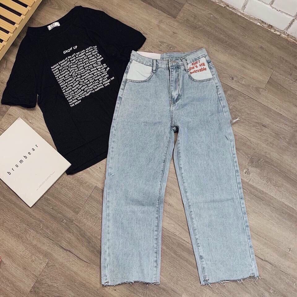 [HCM]Quần Baggy Jean Nữ Kiểu Ống Rộng Phối Màu Túi Xinh XắnHàng VNXk Lưng Siêu Cao-JT
