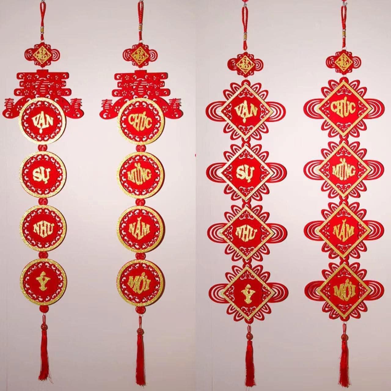 Cặp Dây treo nhung đỏ, liễng trang trí tết, câu đối tết liễu treo tết