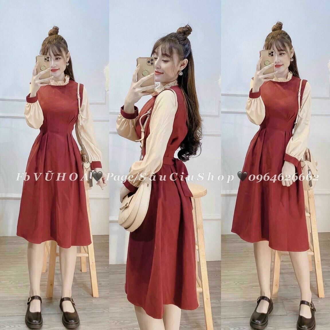 [HCM]Đầm tiểu thư phối tay khác màu xinh xắn ba màu màu đen màu đỏ màu nâu