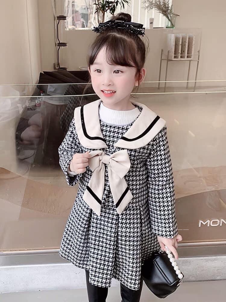 Sét váy dạ kẻ 2 chi tiết nơ ngực đẹp cho bé gái
