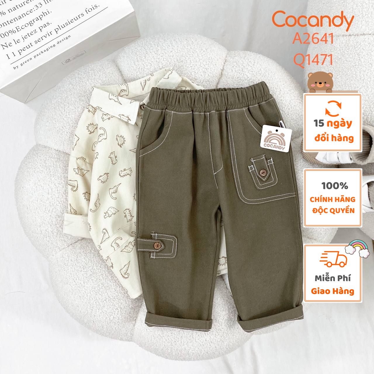 Quần cho bé -Quần dài XANH RÊU 2 túi nhỏ cho bé của COCANDY mã Q1471