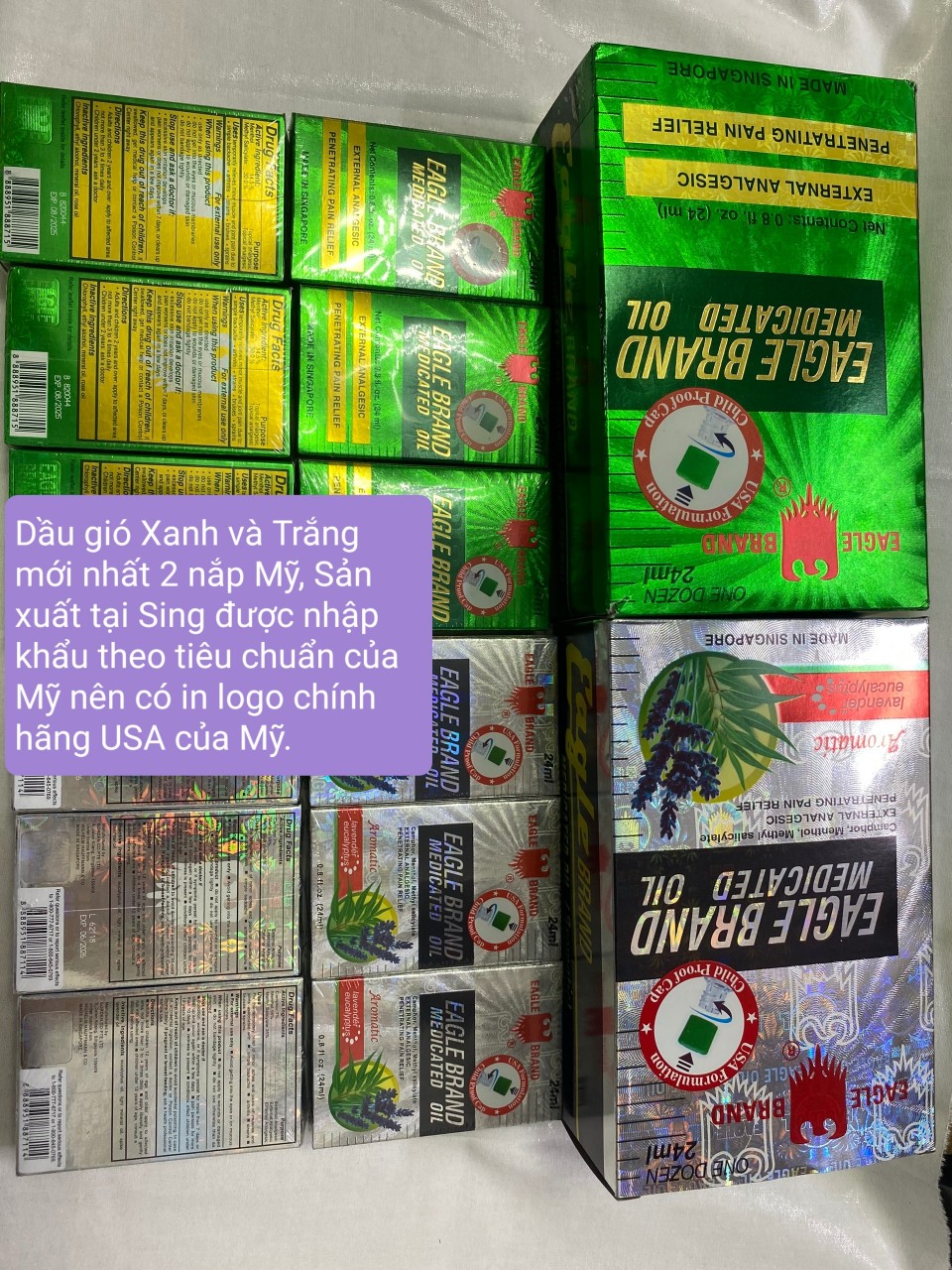 [CHÍNH HÃNG MỸ - GỬI TỪ NGƯỜI THÂN - DATE XA]. Dầu Gió Xanh / Trắng của Mỹ 2 nắp Mẫu mới nhất 1 Lốc 12 Chai. Sản xuất tại Sing nhưng bản quyền của Mỹ. Giảm các Triệu chứng đau ,cảm, sốt...tức thì.