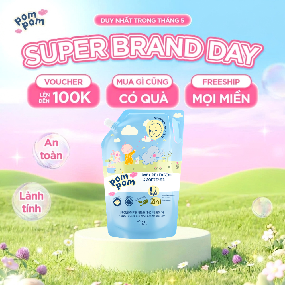 [NEWBORN - SƠ SINH] Nước Giặt Xả Cho Bé Sơ Sinh Lọt Lòng 0-12 Tháng Pom Pom Newborn Sạch Sâu Nôn Trớ Ọc Sữa, Êm Ái Da Tay Mẹ Yêu