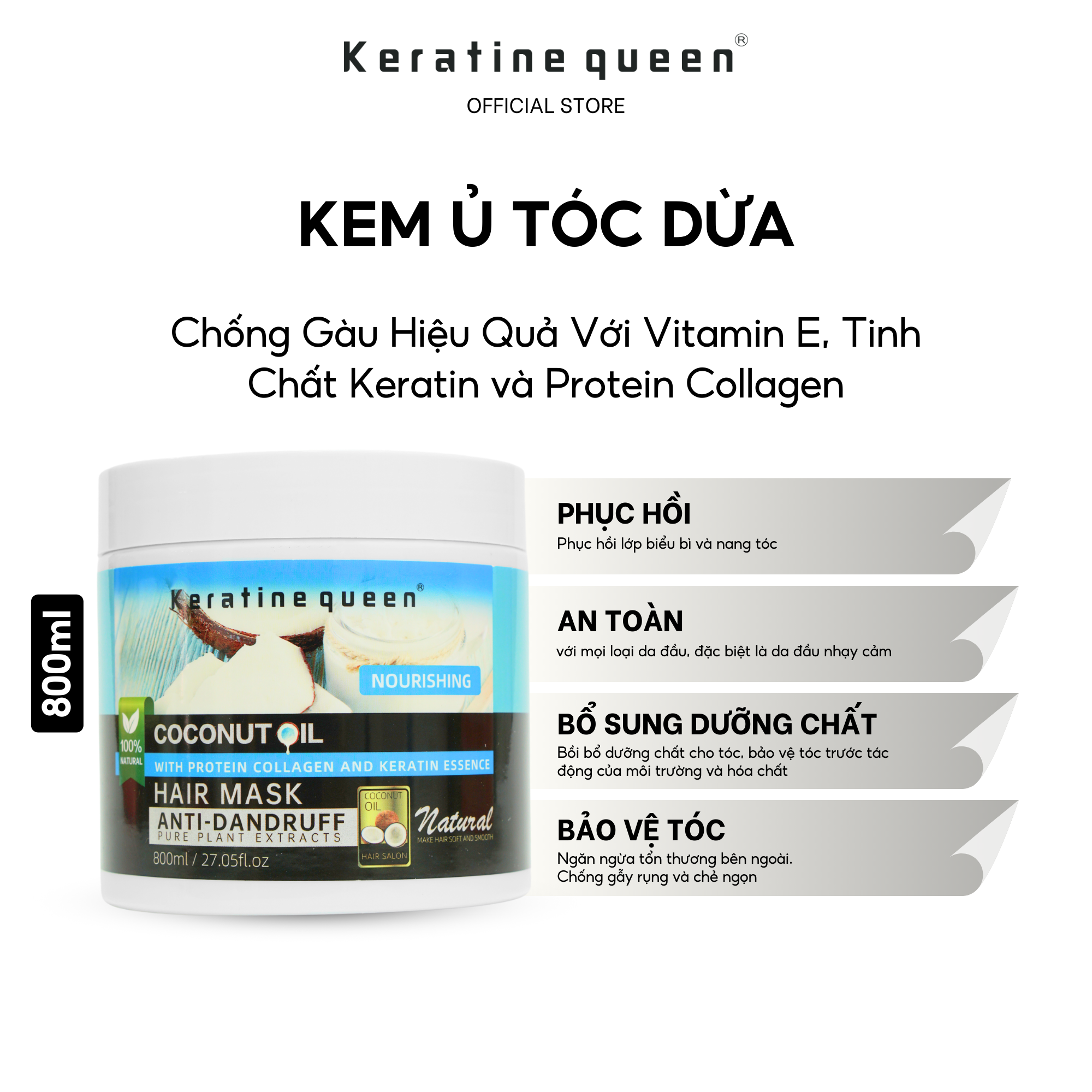 Kem Ủ Tóc DỪA 800ml Chống Gàu Hiệu Quả Với Vitamin E, Tinh Chất Keratin và Protein Collagen Keratine