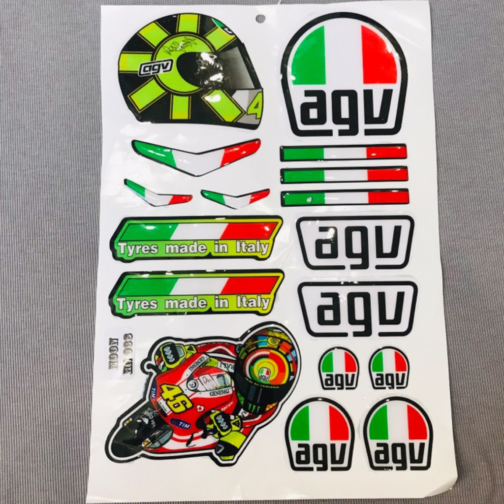 Tem nổi dán nón bảo hiểm dán xe máy nhiều logo agv 46 rossi sắc nét