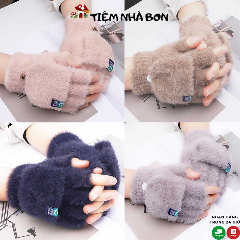 Tất tay nữ, Găng tay hở ngón vải lông nhung mềm nhiều màu sắc giữ ấm mùa đông thời trang cho nữ