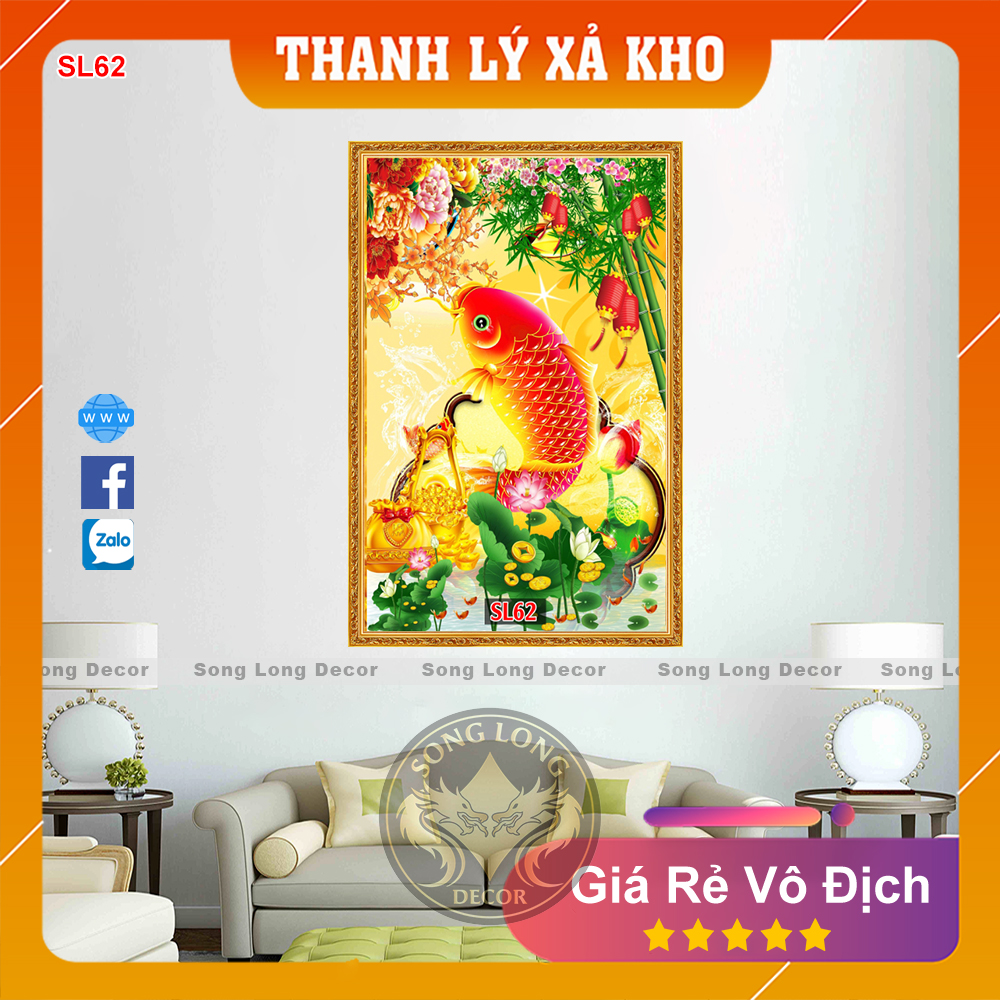 Tranh dán tường 3D Cá Chép Hóa Rồng -SL62- Tranh 3D Phòng Bếp- Song Long Decor