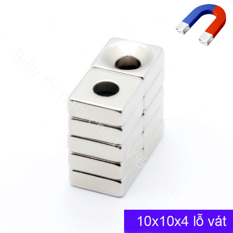 Nam châm hình vuông 10x10x4 có lỗ bắt vít, nam châm đất hiếm siêu hút