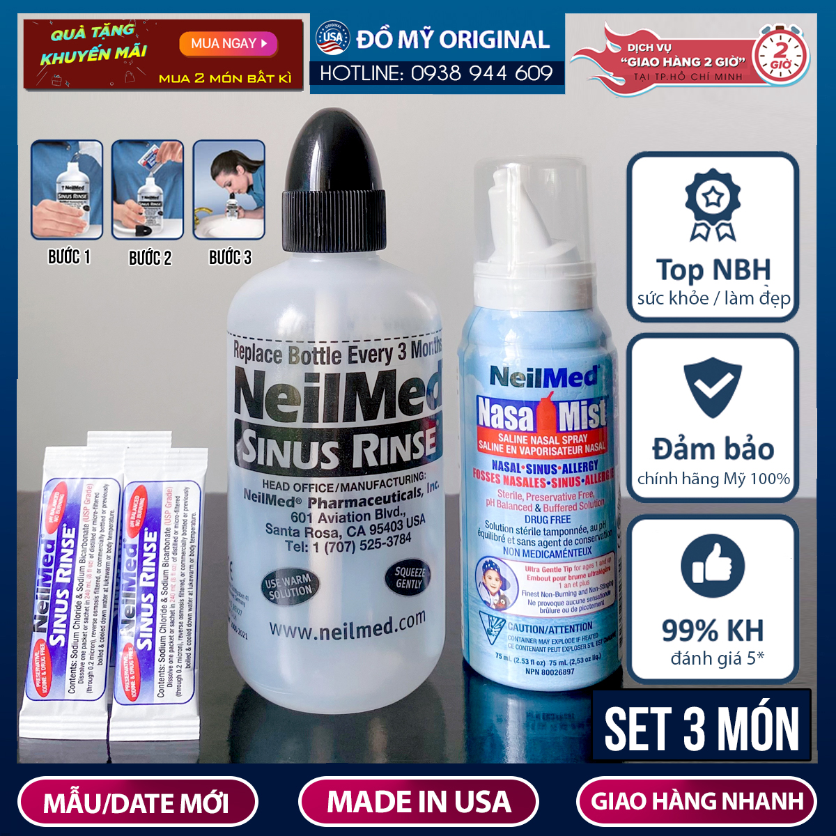 Bộ rửa mũi neilmed sinus rinse bình 240ml + gói muối hàng nhập mỹ làm sạch, vệ sinh mũi, và hỗ trợ làm giảm các chứng nghẹt mũi