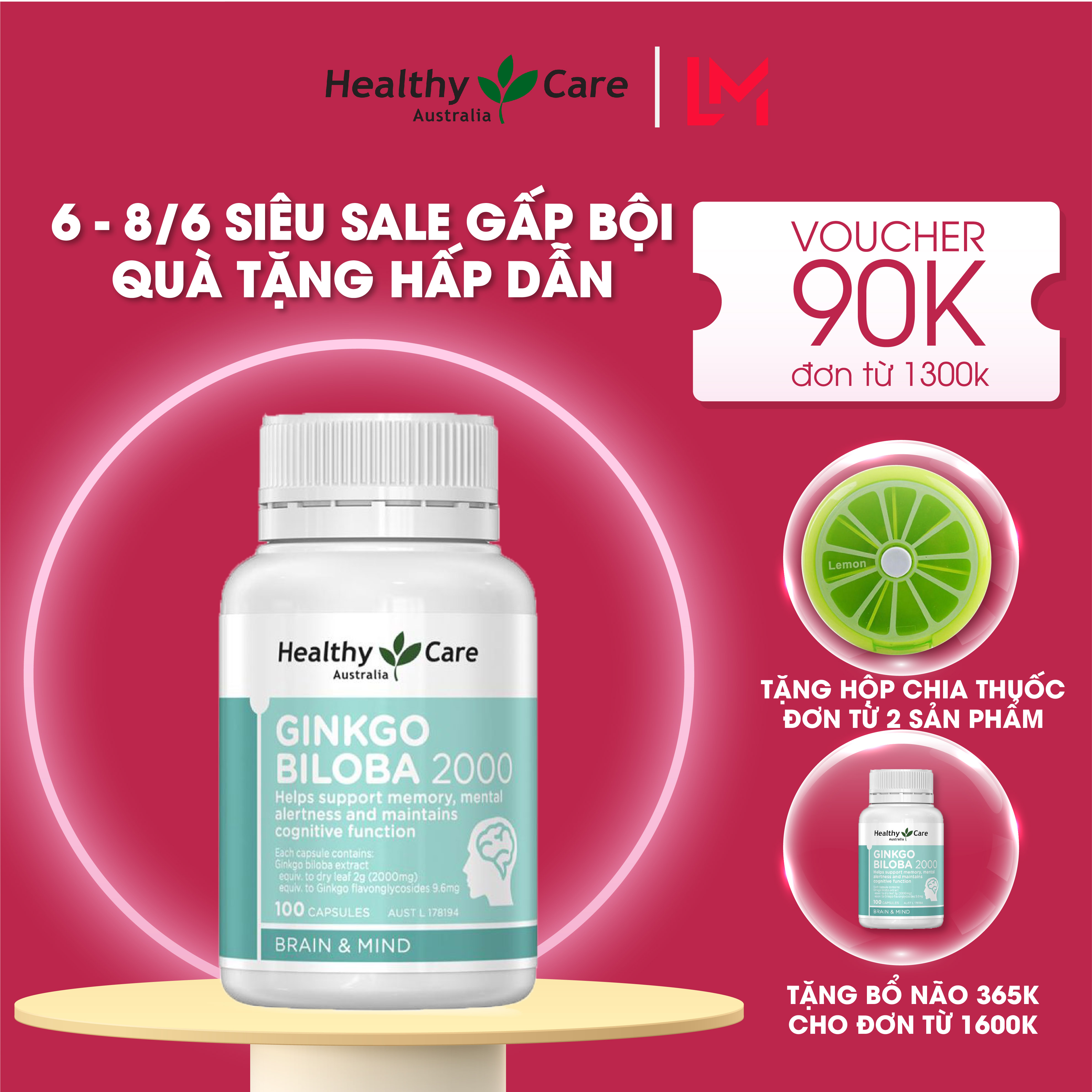 Bổ não Ginkgo Biloba 2000 Healthy Care 100 viên Úc