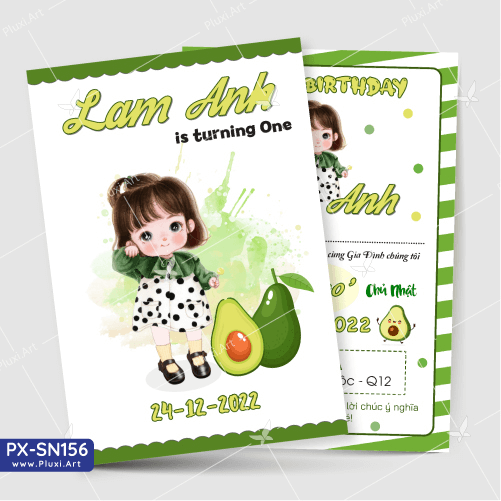 Thiệp sinh nhật, Thiệp thôi nôi bé gái hình trái bơ, in nội dung theo yêu cầu , Thiệp Pluxi PX_SN147