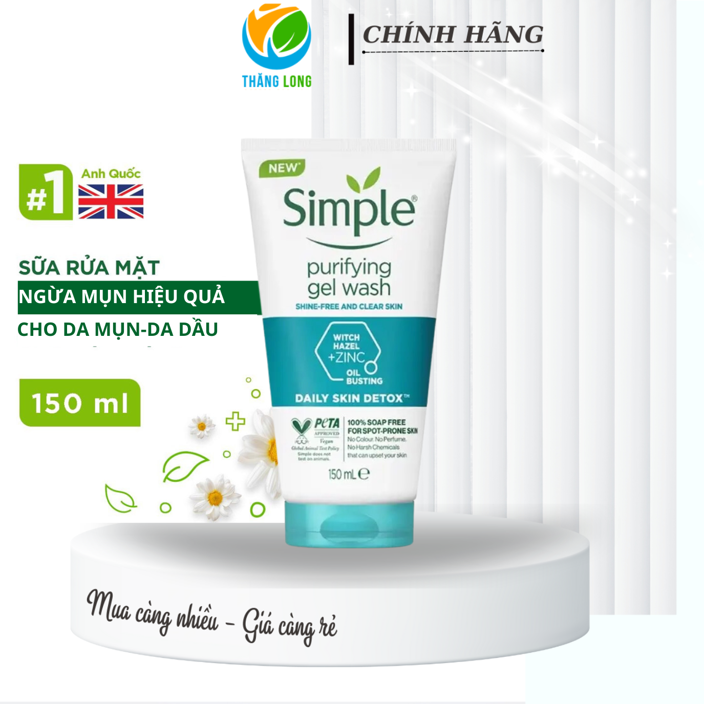 - Sữa rửa mặt Simple giúp kiềm dầu và ngừa mụn hiệu quả - cho da dầu mụn 150ml