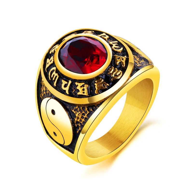 Nhẫn nam Titan đúc mạ 24k, nhẫn âm dương khắc Chú Om Mani Padme Hum -đá đỏ (màu nhẫn vàng đen)