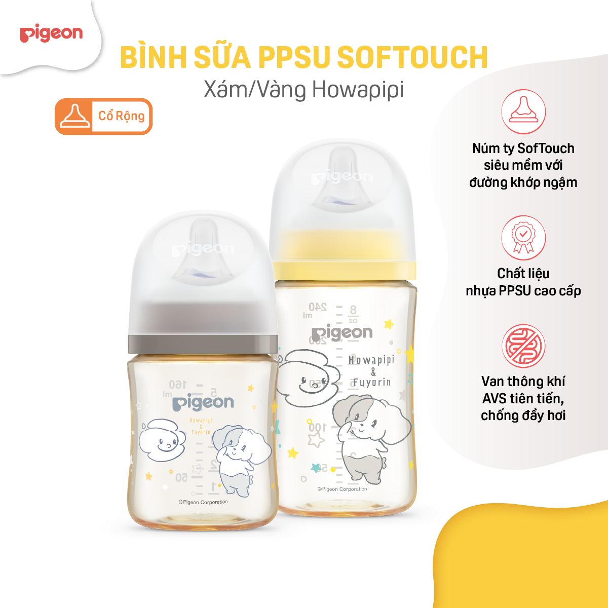 [PPSU] Bình sữa chống đầy hơi Pigeon cổ rộng cho bé sơ sinh núm ti siêu mềm chống sặc cho trẻ 160ml/240ml chính hãng - Hoạ Tiết Howapipi