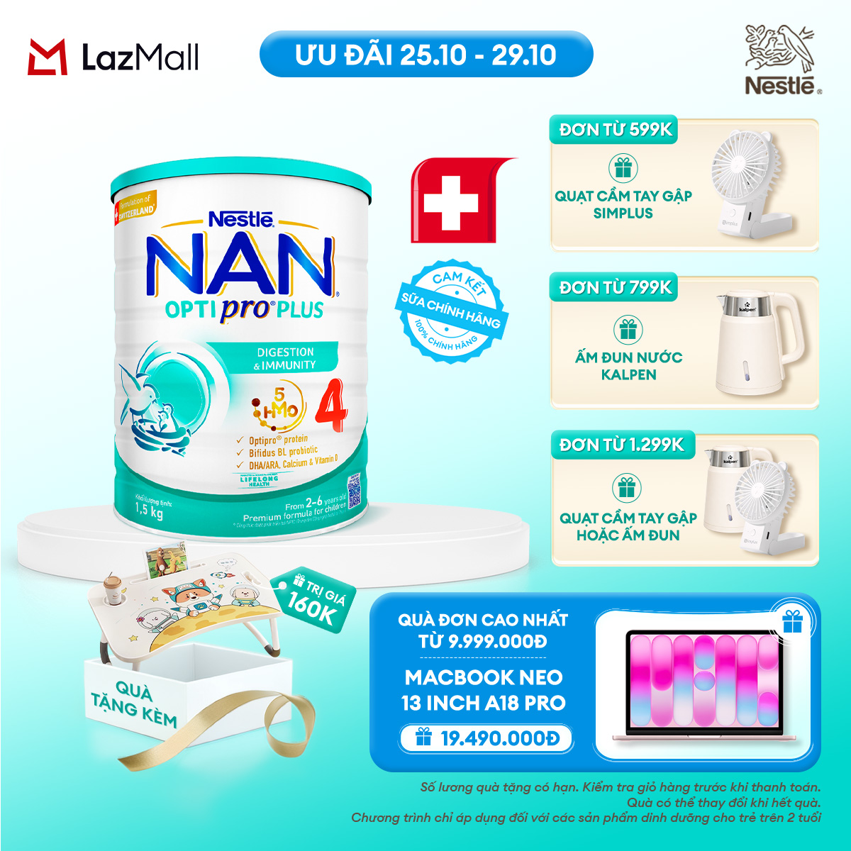 [CHỈ 25-29.10 QT ĐƠN 599K/799K/1299K] [Tặng bàn gấp gọn] Sữa bột Nestlé NAN OPTIPRO PLUS 4 1500g/lon với 5HMO Giúp tiêu hóa tốt