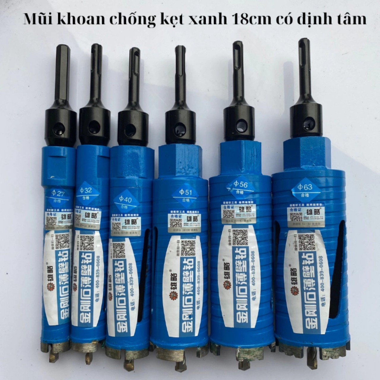 Mũi khoan chống kẹt rút lõi bê tông khô mầu xanh có định tâm phi (27-32-40-51-56-63)mm dài 18cm khoét lỗ điện nước, điện lạnh