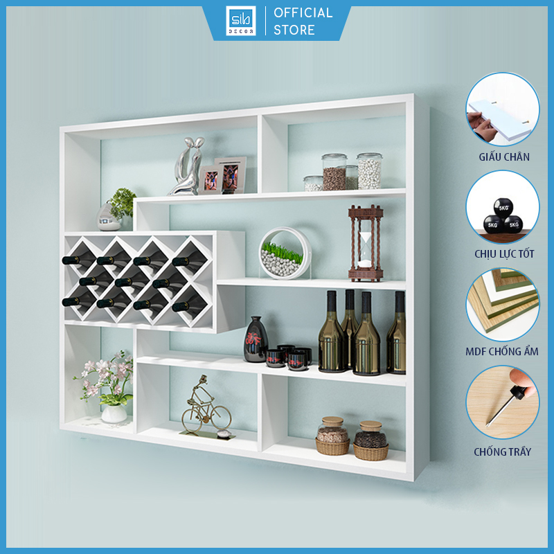 Kệ Gỗ Để Chai Vang Treo Tường Chữ Nhật SIB Decor KR05 Kết Cấu Giấu Chân Chịu Lực Tốt, Tặng Kèm Giá Treo Ly Cao Cấp