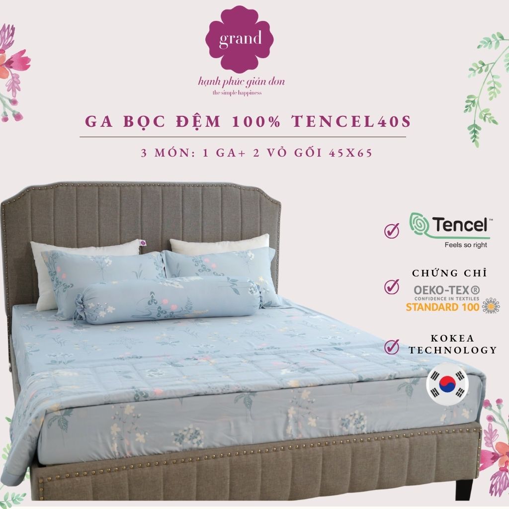 Bộ ga chun mỏng GRAND, 100% Lụa Tencel 40S tơ thiên nhiên mềm mại, họa tiết in hoa 3 món (1 ga+ 2 vỏ gối)
