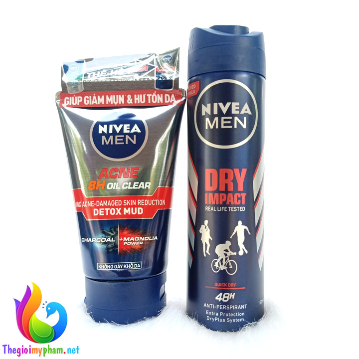 Combo Sữa Rửa Mặt Nivea Men GIúp Giảm Mụn Và Hư Tổn Da 100g + Xịt Ngăn Mùi Khô Thoáng 150ml