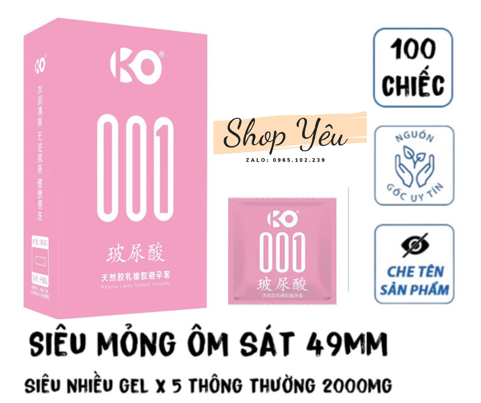 Bao Cao Su K0 - 001 siêu mỏng, nhiều gel 2000mg HA, bcs gia đình, nhà nghỉ, nội địa trung quốc, hộp 100 bcs