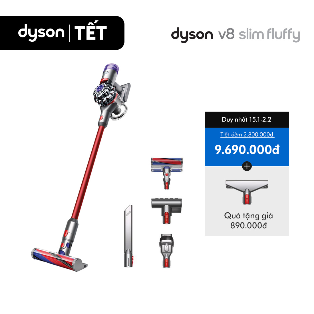   DUY NHẤT 1-3.1: VC 12% Tối đa 3 Triệu  Máy hút bụi không dây Dyson V8 Slim Fluffy 