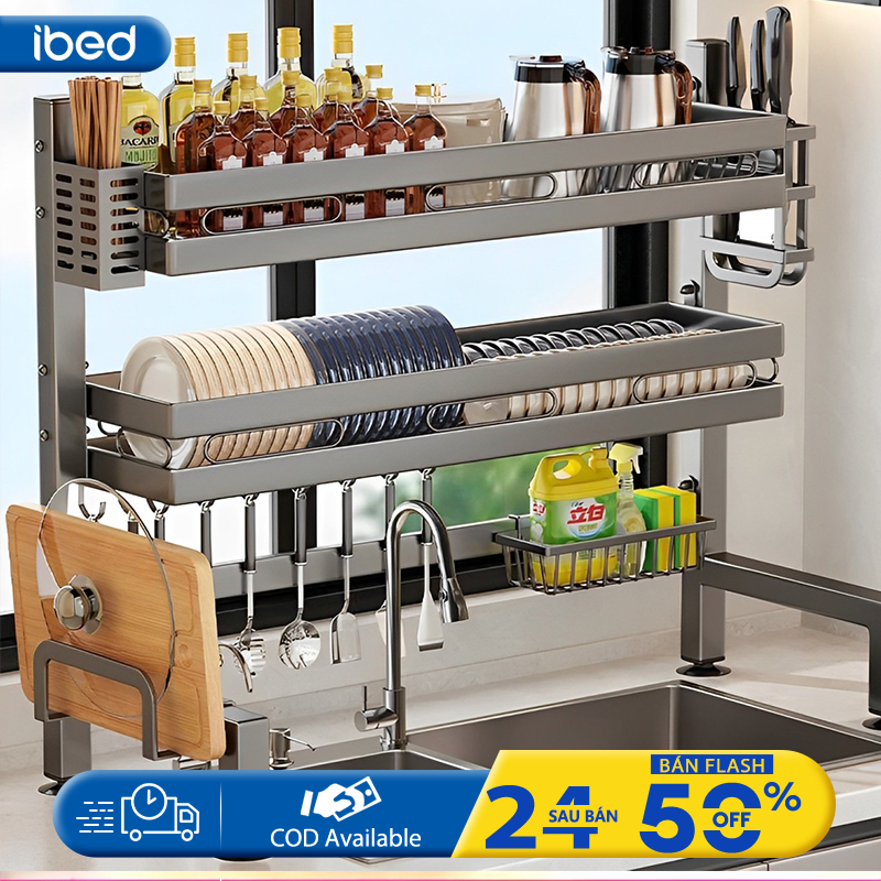 Ibed kệ đựng bát đĩa trên bồn rửa bát cao cấp đa năng 1/2 tầng kệ để chén đĩa trên bồn rửa bát