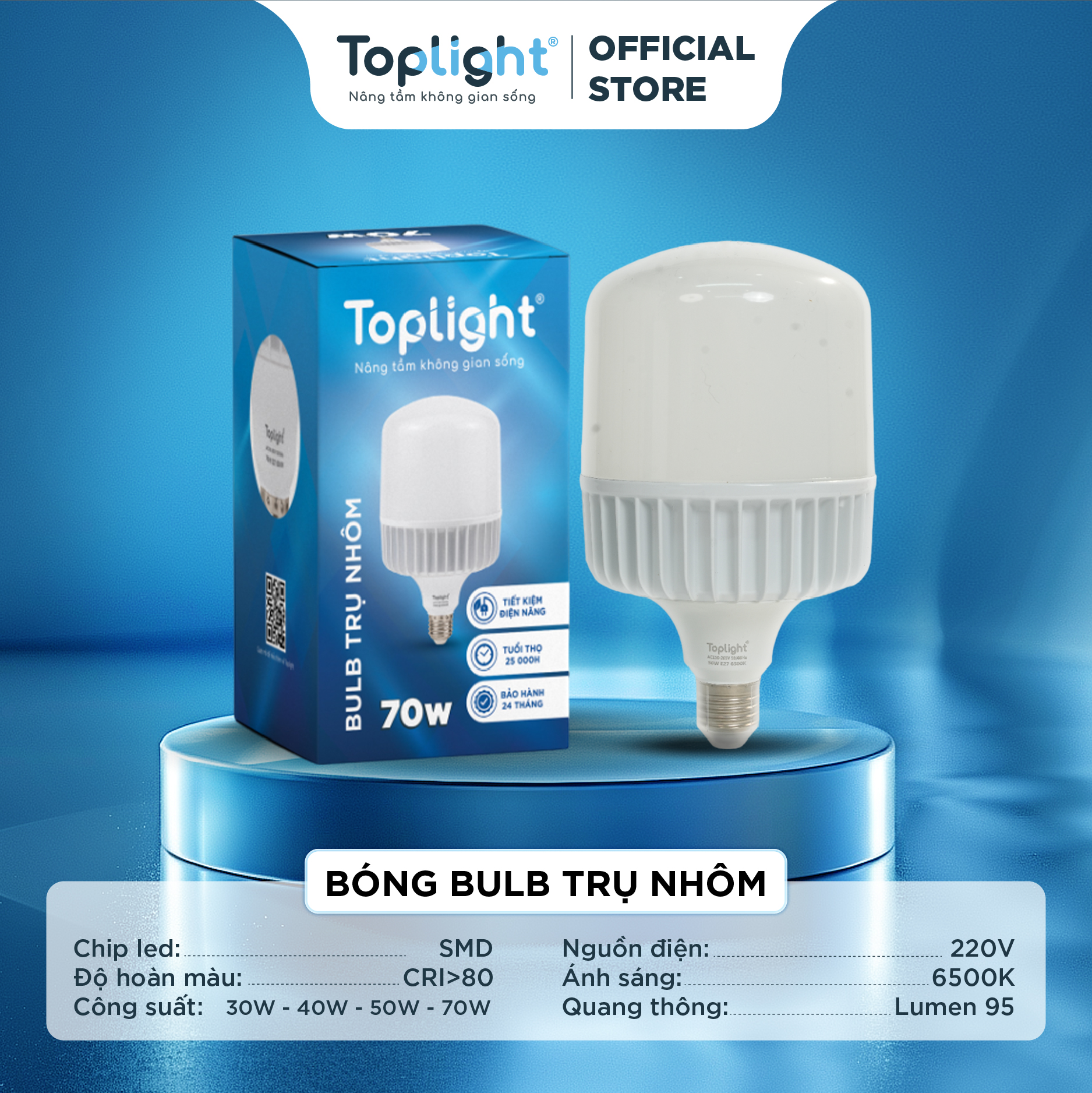 BÓNG LED BULB TRỤ NHÔM TOPLIGHT CÔNG SUẤT LỚN 30W-70W