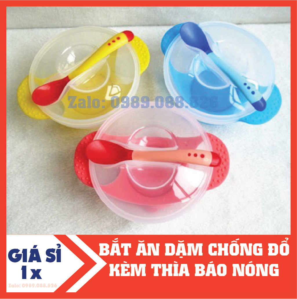 Bát ăn dặm chống đổ kèm thìa báo chống nóng cho bé