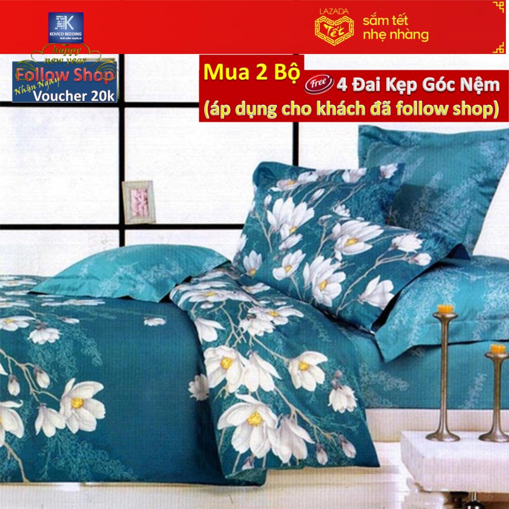 (FreeShip MAX) Bộ ga cotton hoa dây Lan Xanh (Xanh)