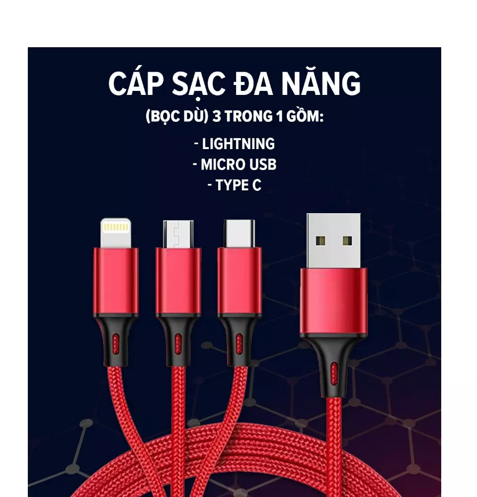 Cáp Sạc 3 Đầu Đa Năng ( Bọc Dù ) Hàng Chất Lượng 3 Trong 1 Gồm Lightning - Micro USB - Type C, Mystore Bh 12Tháng
