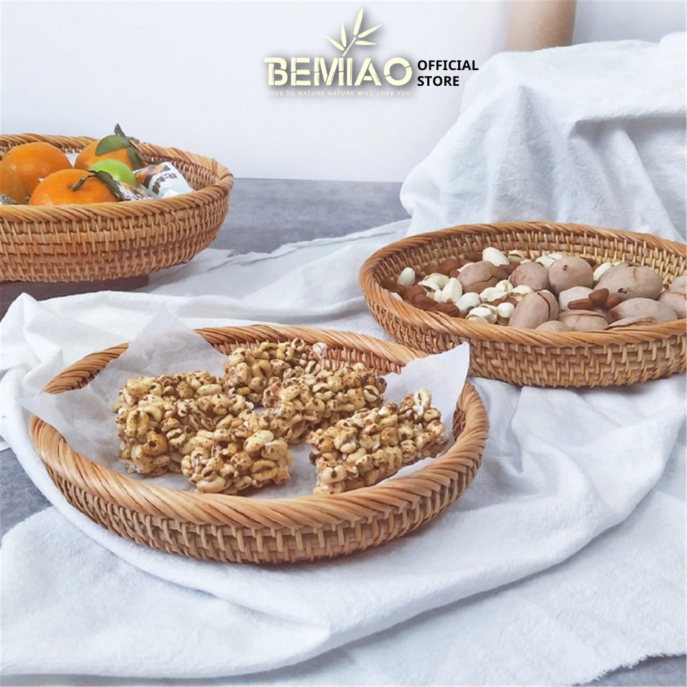Đĩa mây tròn đựng bánh mì, hoa quả, trà bánh Khay mây tròn Khay trang trí Bát lùn Bemiao Shop