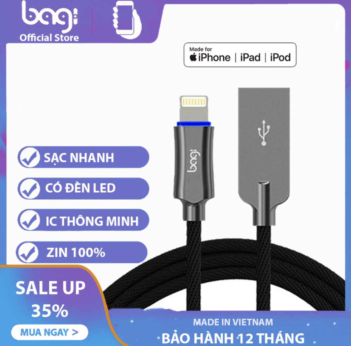 [HCM]Dây Cáp Sạc Dù Sạc Nhanh Đèn Led Cho IPhoneIPad Sạc Đầy Tự Ngắt Thông Minh Dài 1.2m - Bagi IL100