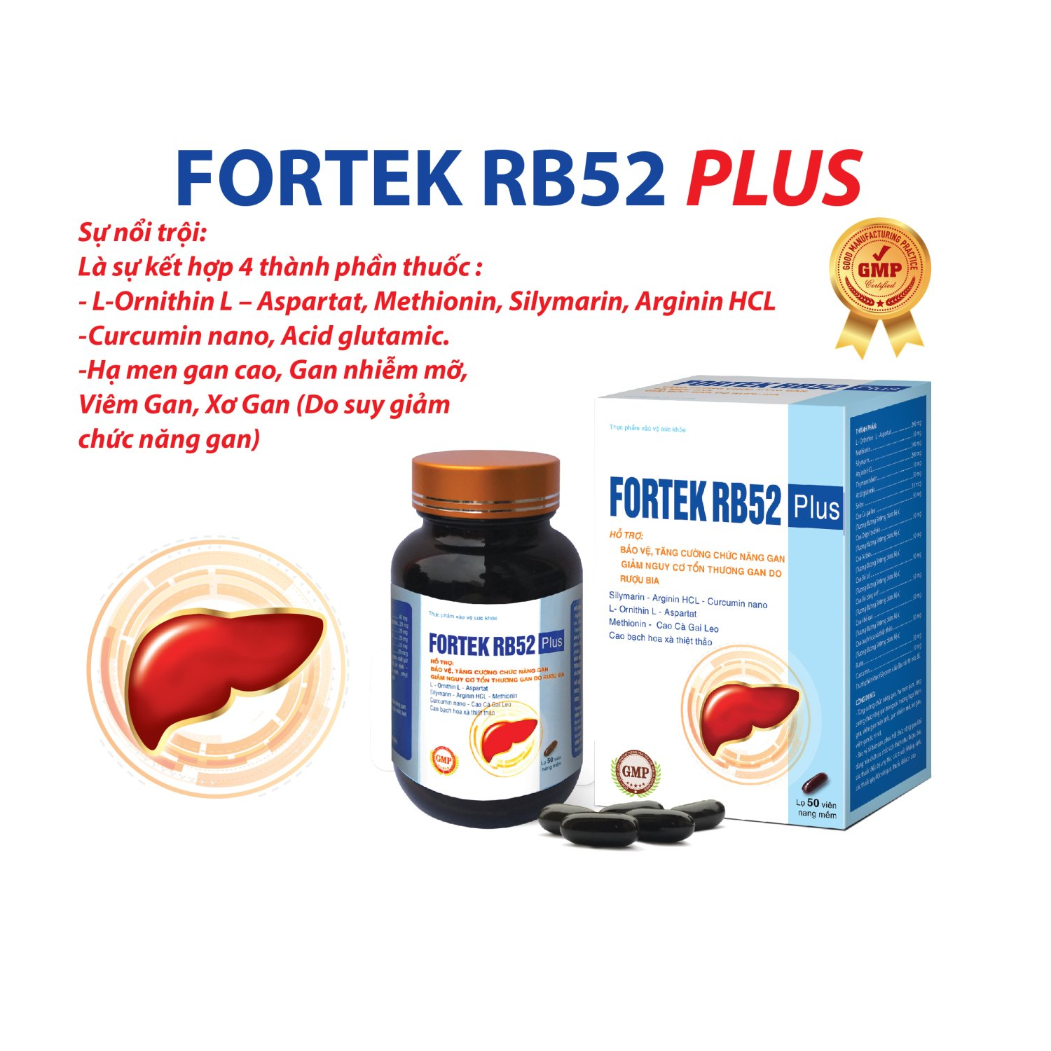 Viên uống bổ gan fortek rb52 plus - giúp giải độc gan, hạ men gan, bảo vệ tế bào gan - tăng cường chức năng gan - lọ 50 viên