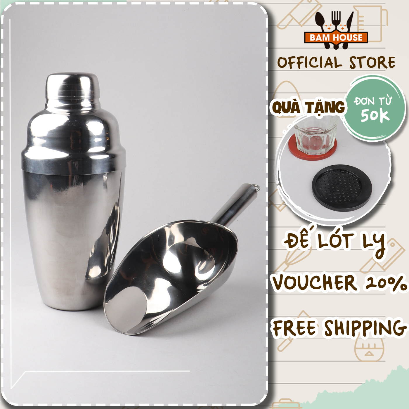 Combo bình lắc và dụng cụ xúc đá inox Bam House nhiều loại dung tích cao cấp BXD01 – Gia dụng bếp