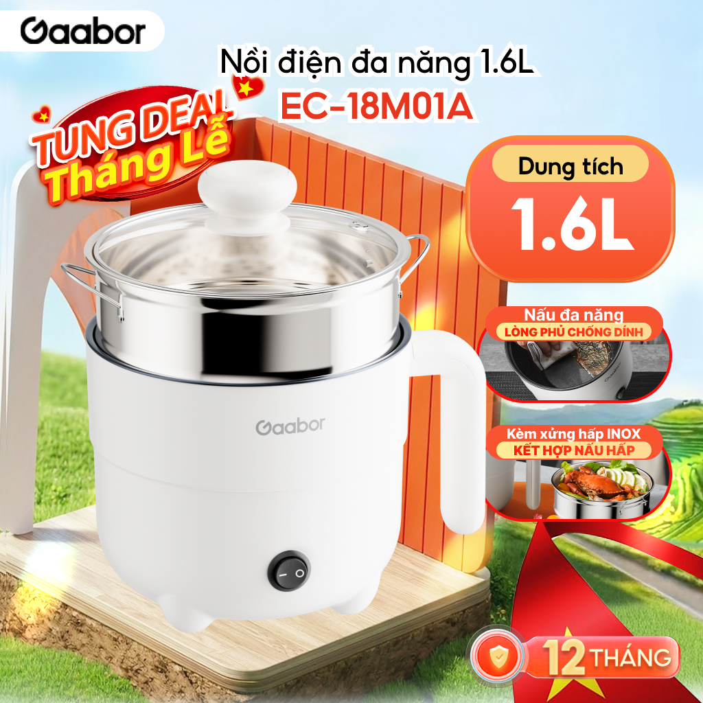 [LIVE] Nồi điện đa năng 1.6L Gaabor EC-18M01A  chống dính công suất 600W  kèm xửng hấp inox - Bảo hành 12 tháng 1 đổi 1