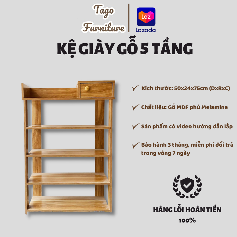 Kệ giày gỗ 5 tầng có ngăn để đồ tiện dụng, tủ giày đa năng gỗ mdf 60x20x80 tago nd27