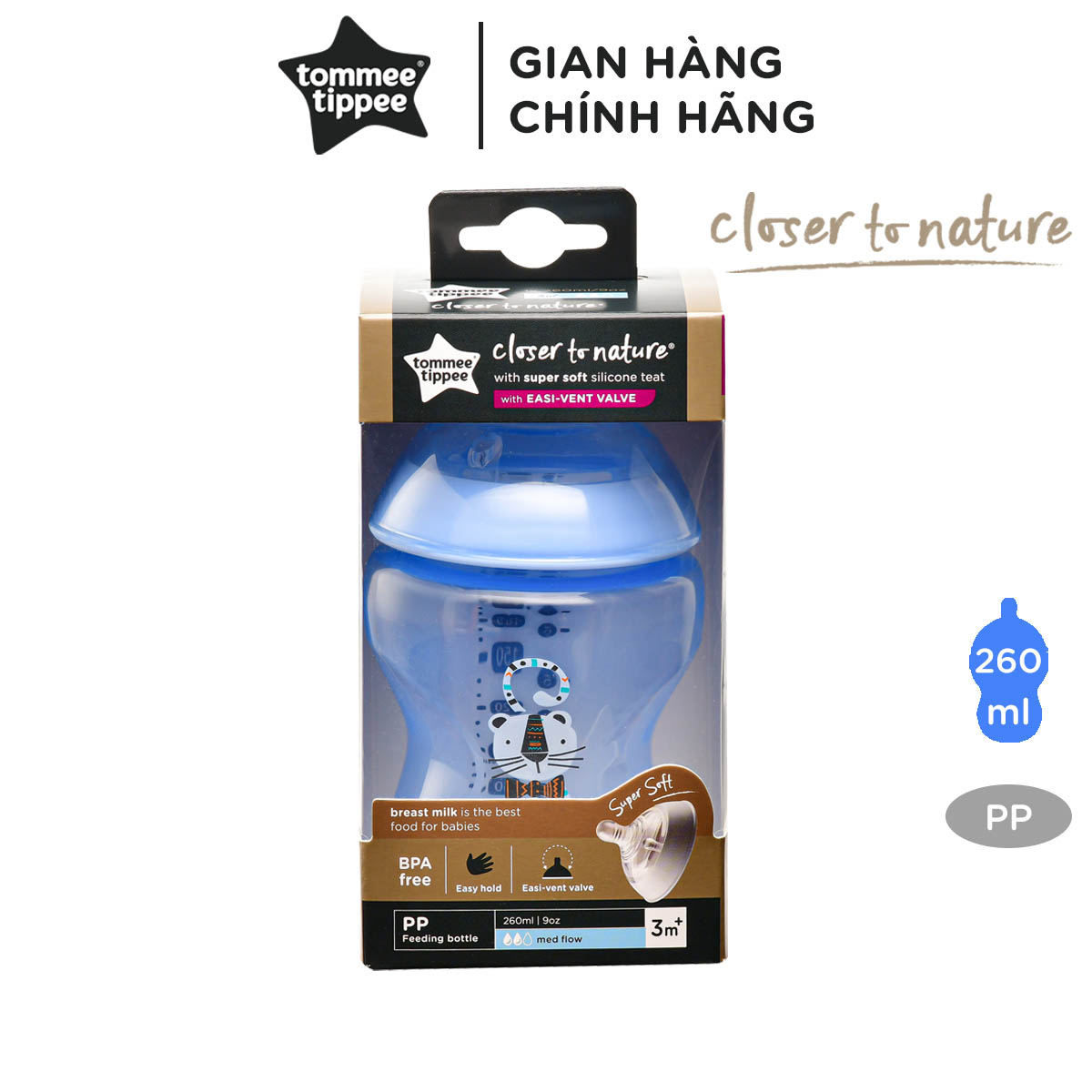 Bình Sữa Ty Siêu Mềm Tự Nhiên Tommee Tippee Closer To Nature 260ml, Núm Ty Của Bình 3-6 Tháng – Xanh Dương