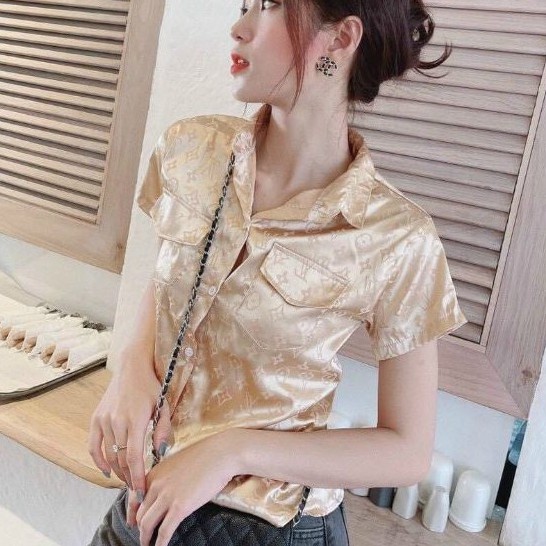 Áo sơ mi tay ngắn chất gấm bóng đẹp hai màu trắng và kem