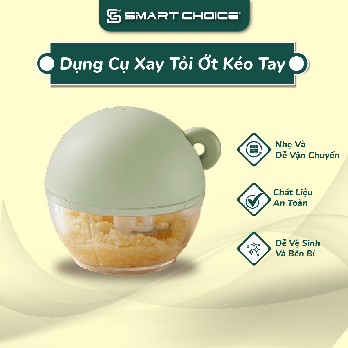 Máy xay tỏi ớt smartchoice kéo tay, xay tỏi ớt cầm tay màu xanh lá, máy xay tỏi ớt cầm tay chất liệu abs + ps cao cấp
