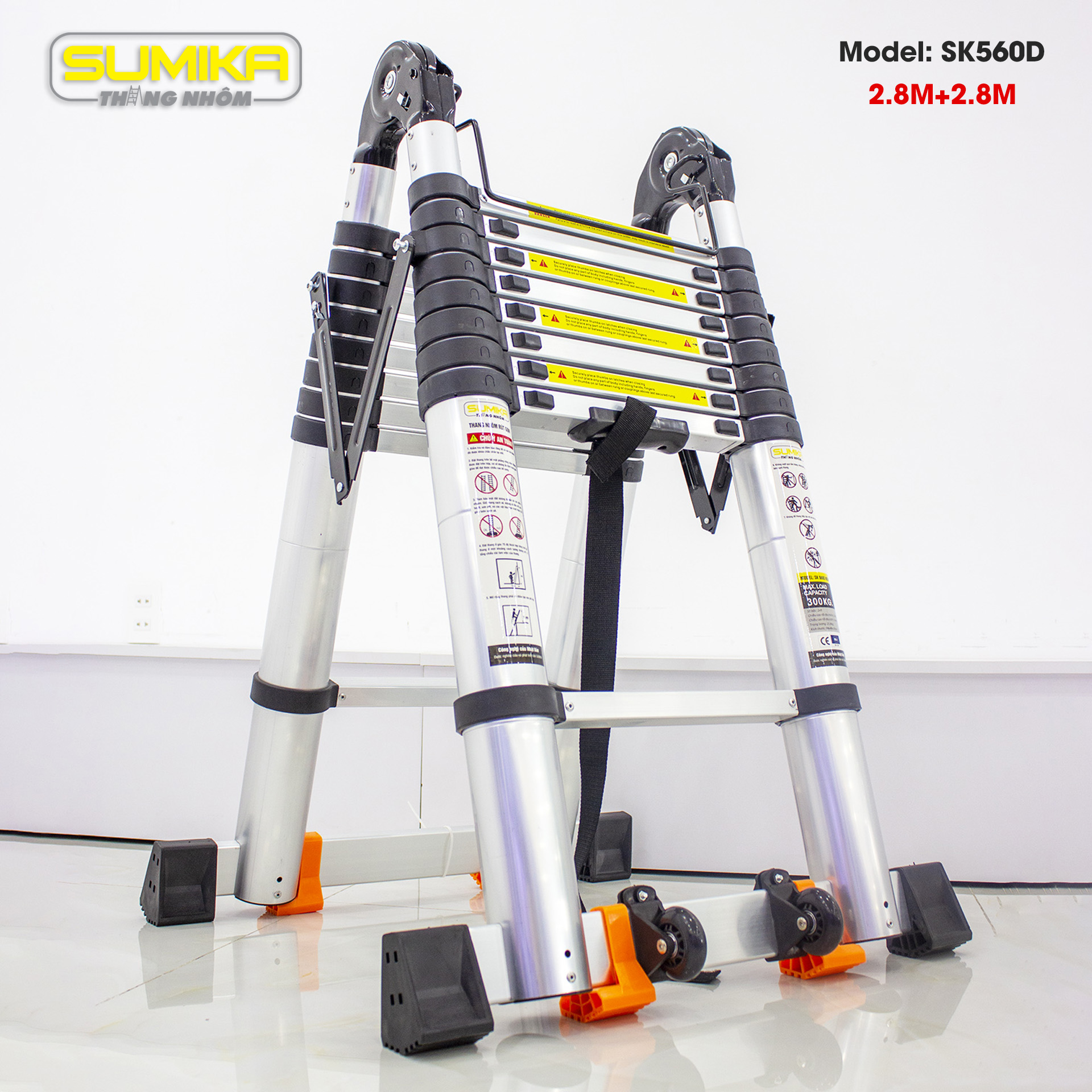 Thang nhôm rút chữ A Sumika SK560D NEW - tải trọng 300kg, chữ A cao 2.8m, chữ I cao 5.6m
