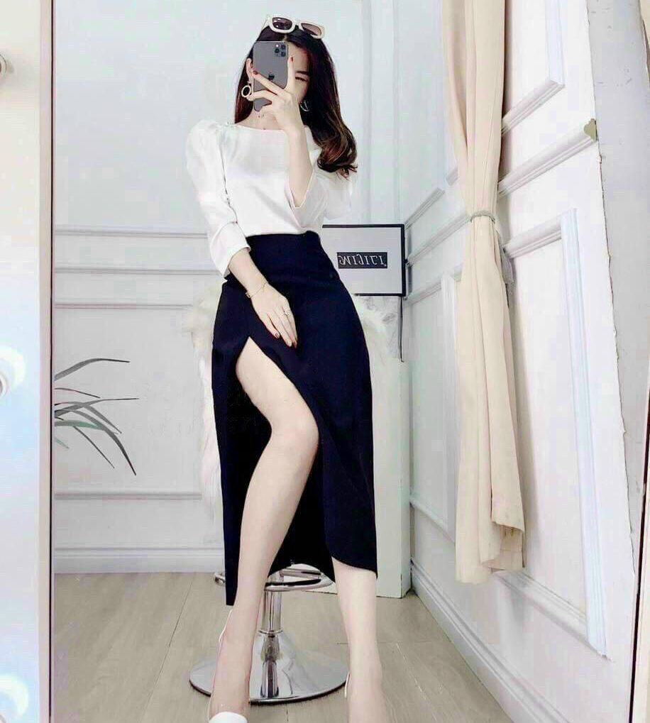 Sét Đồ Bộ Nữ Áo Cổ Thuyền Tay Lỡ Và Chân Váy Đen Xẻ Tà Thiết Kế Sang Chảnh Đi Làm Công Sở, Đi Chơi Du Lịch Cực Xinh Đẹp Beta Fashion, Free Size (40-55) Ký Mặc Vừa Nha